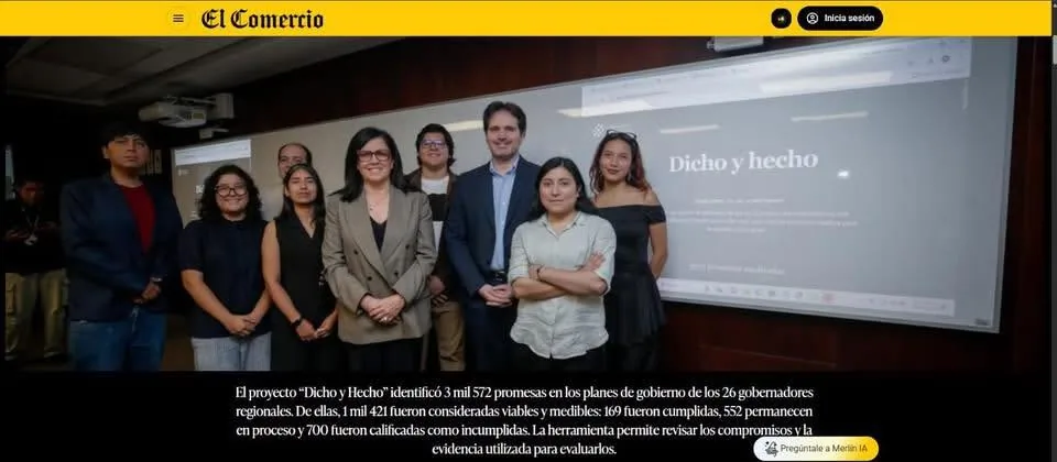Cobertura de El Comercio sobre la presentación de Dicho y Hecho junto al equipo del proyecto